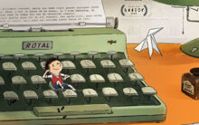 Grafik: Kleiner Mann lehnt an einer Schreibmaschine