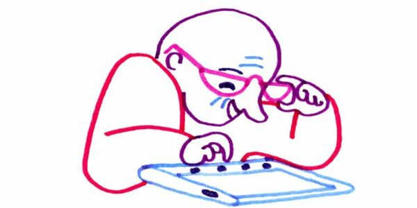 Illustration Person trägt Brille und nutzt Tablet