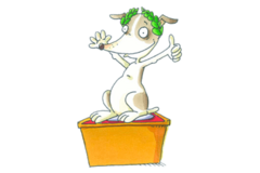 Logo vom Kindersoftwarepreis TOMMI: Ein Hund mit Lorbeerkranz auf dem Kopf steht auf einem Podest