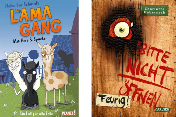Zwei Buchcover: "Die Lama-Gang" und "Bitte nicht öffnen: Feurig!"
