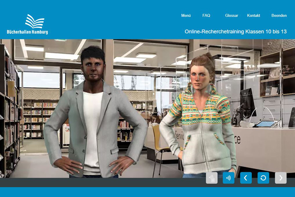 Zwei Avatare in einer digitalen Bibliothek